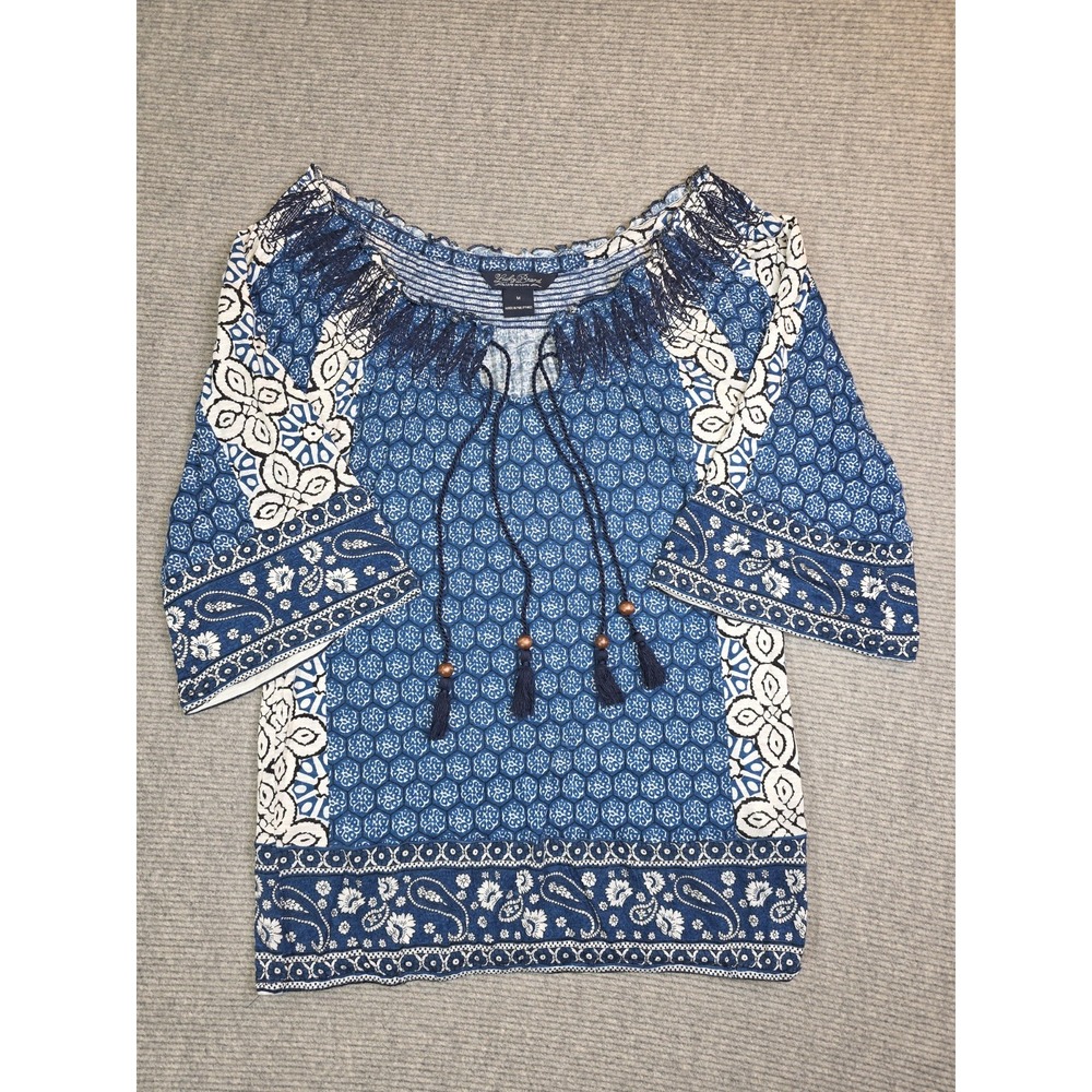Lucky Brand Top Womens Size M Blue Geometric Tassel Wood Beads Boho Peasant Top